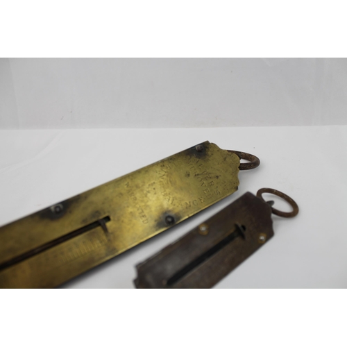 77 - Two Antique Salter's Brass Spring Balance Pocket Scales , 32.5cm and 17cm