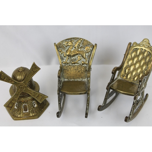 116 - Vintage Solid Brass Rocking Chairs and a Wind Mill Bell, Heavy solid brass