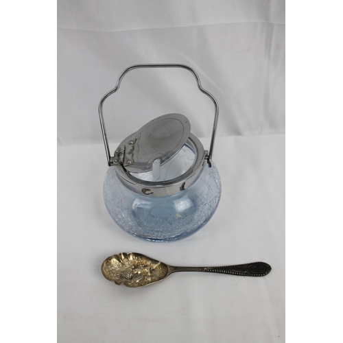 125 - Vintage Lidded Sugar Bowl, Cracked Glass and a Vintage Spoon , spoon is 14.5cm