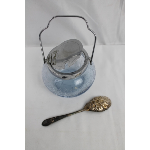 125 - Vintage Lidded Sugar Bowl, Cracked Glass and a Vintage Spoon , spoon is 14.5cm