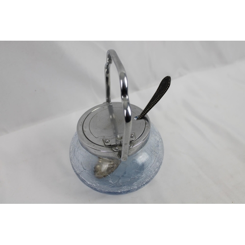 125 - Vintage Lidded Sugar Bowl, Cracked Glass and a Vintage Spoon , spoon is 14.5cm