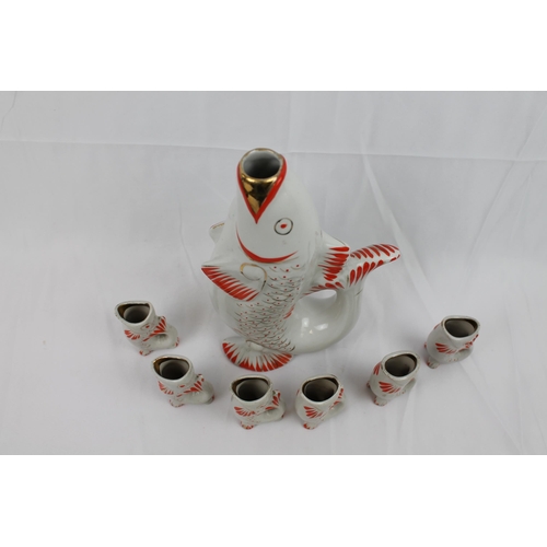 165 - Vintage Soviet Russian Porcelain Fish Decanter and a Six Porcelain Cups, USSR Polonsky ZHK, Mint Con... 