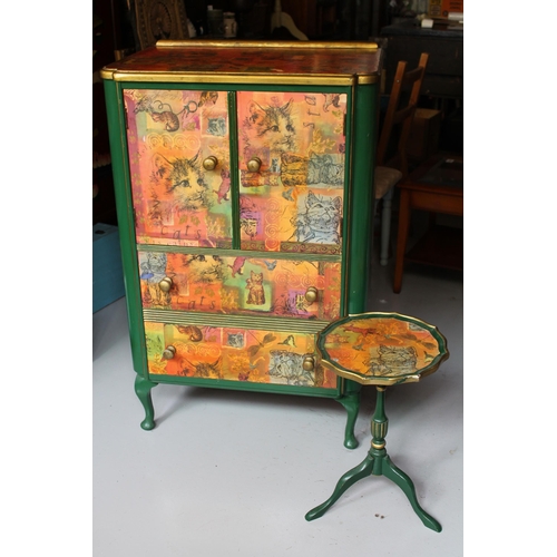 203 - Hand Made Wooden Cabinet wit a Small Round Table, Cats Motives, 115 h x 73 l x 49cm d )