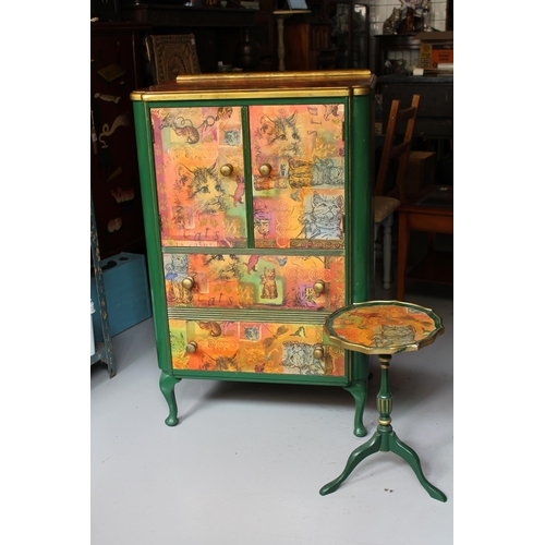 203 - Hand Made Wooden Cabinet wit a Small Round Table, Cats Motives, 115 h x 73 l x 49cm d )