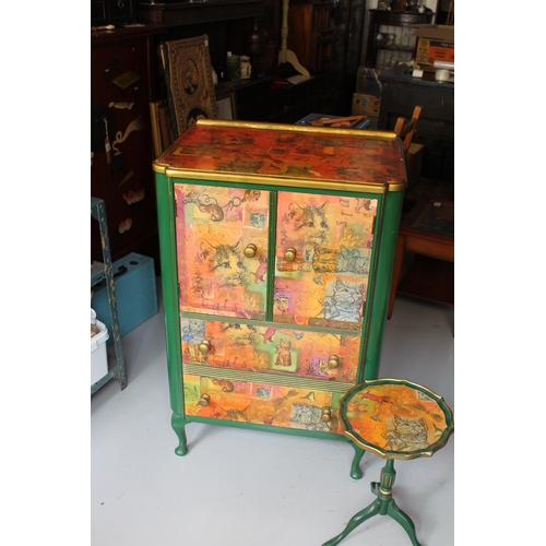 203 - Hand Made Wooden Cabinet wit a Small Round Table, Cats Motives, 115 h x 73 l x 49cm d )