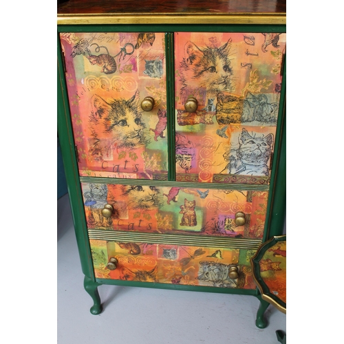 203 - Hand Made Wooden Cabinet wit a Small Round Table, Cats Motives, 115 h x 73 l x 49cm d )