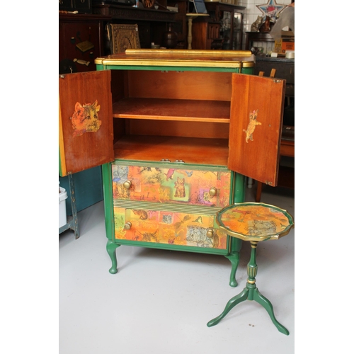 203 - Hand Made Wooden Cabinet wit a Small Round Table, Cats Motives, 115 h x 73 l x 49cm d )