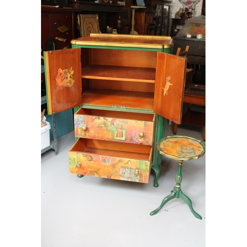 203 - Hand Made Wooden Cabinet wit a Small Round Table, Cats Motives, 115 h x 73 l x 49cm d )