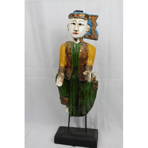 218 - Two Vintage Carved Wood Thai Musician , Hand Painted Figurines, 53 cm tall