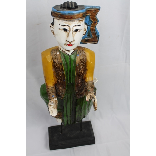 218 - Two Vintage Carved Wood Thai Musician , Hand Painted Figurines, 53 cm tall