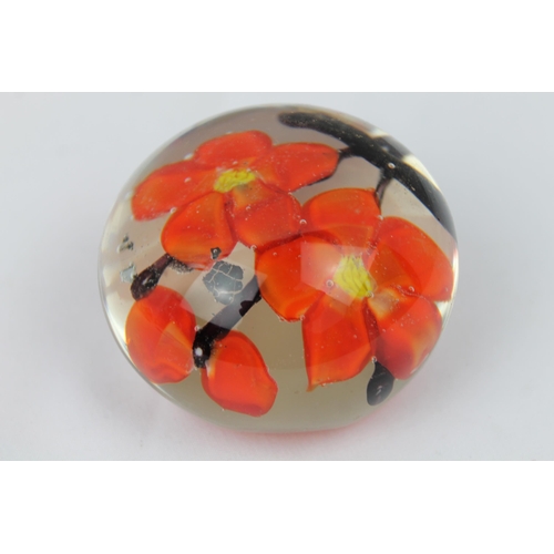 105 - Vintage Art Glass, Chinese Flowers, Paperweight, 6.5 cm in diameter