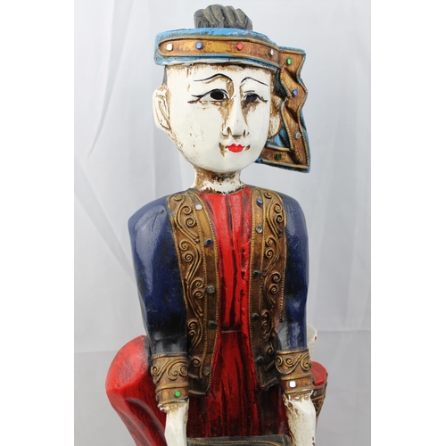 218 - Two Vintage Carved Wood Thai Musician , Hand Painted Figurines, 53 cm tall