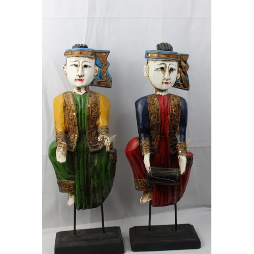 218 - Two Vintage Carved Wood Thai Musician , Hand Painted Figurines, 53 cm tall