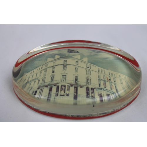 337 - Vintage Large Oval Glass Paperweight, Carlton Hotel, 10.5 X 7 cm