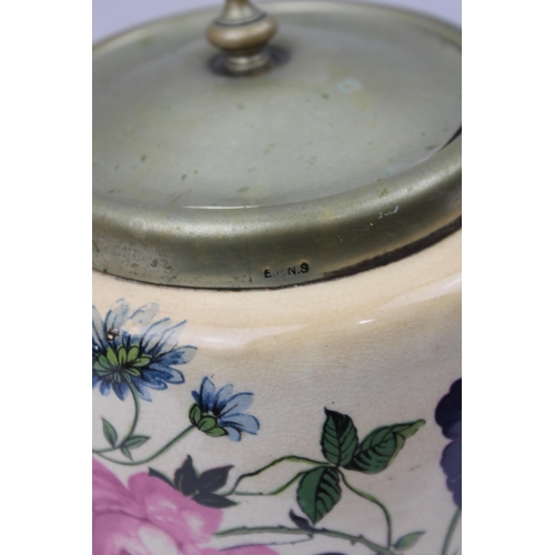 42 - Bristolia Ceramic Biscuit Barrel with Silver Plated Lid and Collar, 23 cm all, 16 cm in diameter