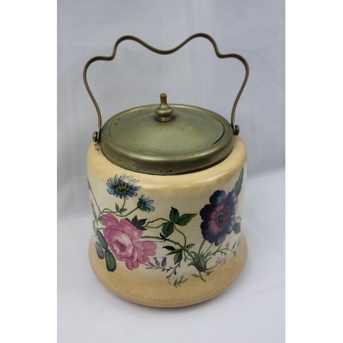 42 - Bristolia Ceramic Biscuit Barrel with Silver Plated Lid and Collar, 23 cm all, 16 cm in diameter