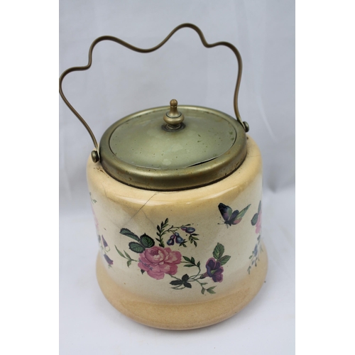 42 - Bristolia Ceramic Biscuit Barrel with Silver Plated Lid and Collar, 23 cm all, 16 cm in diameter