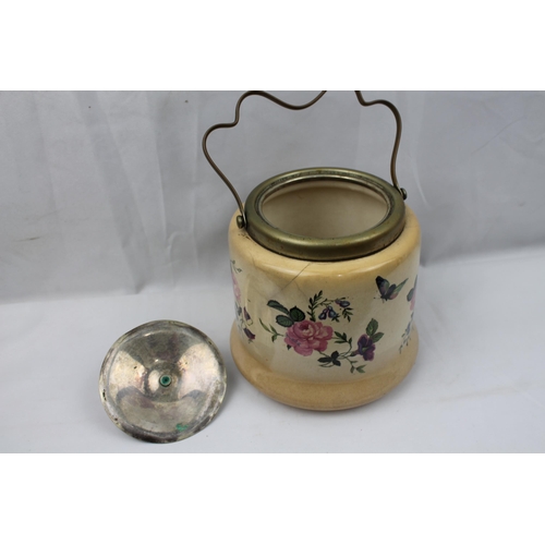 42 - Bristolia Ceramic Biscuit Barrel with Silver Plated Lid and Collar, 23 cm all, 16 cm in diameter