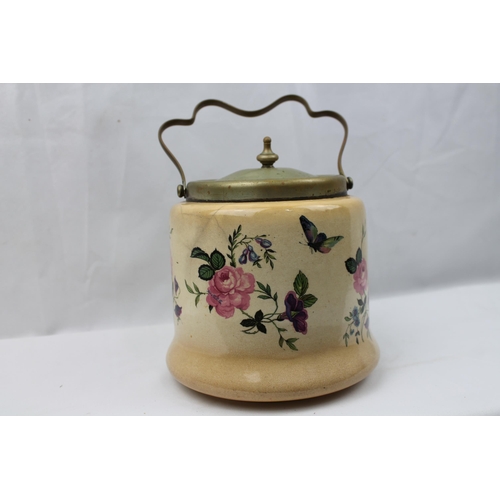 42 - Bristolia Ceramic Biscuit Barrel with Silver Plated Lid and Collar, 23 cm all, 16 cm in diameter