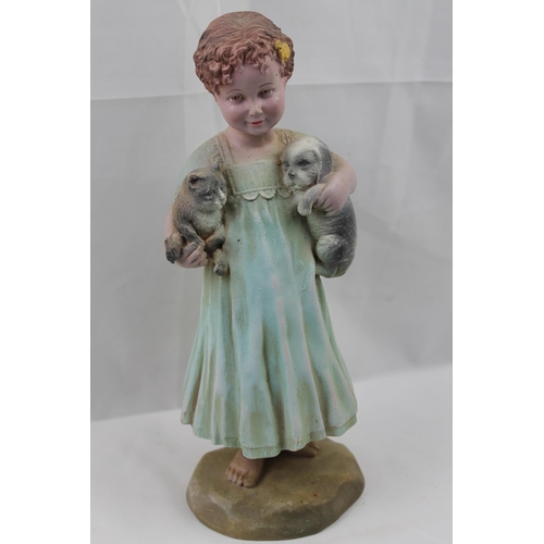 352 - Large Vintage Hand Carved / Painted Wooden Statue of a Girl Holding Puppy and a Cat, 29cm tall