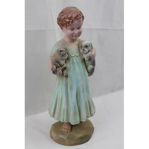 352 - Large Vintage Hand Carved / Painted Wooden Statue of a Girl Holding Puppy and a Cat, 29cm tall