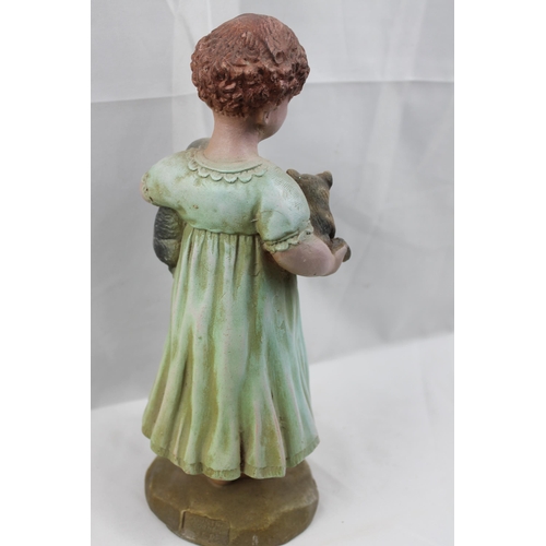 352 - Large Vintage Hand Carved / Painted Wooden Statue of a Girl Holding Puppy and a Cat, 29cm tall