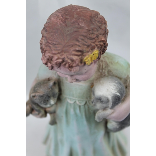 352 - Large Vintage Hand Carved / Painted Wooden Statue of a Girl Holding Puppy and a Cat, 29cm tall