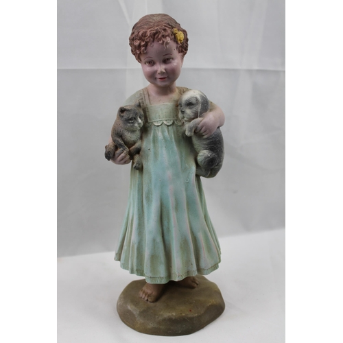 352 - Large Vintage Hand Carved / Painted Wooden Statue of a Girl Holding Puppy and a Cat, 29cm tall