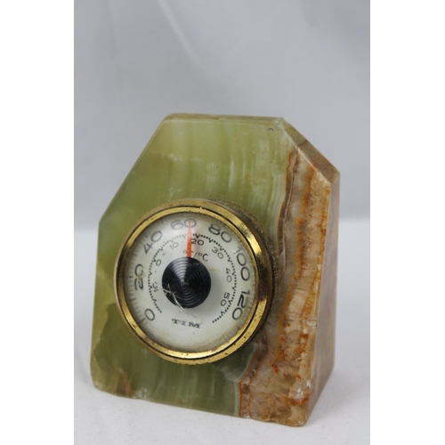 365 - Vintage Green Onyx Marble Desk Barometer , 9 X 7 cm