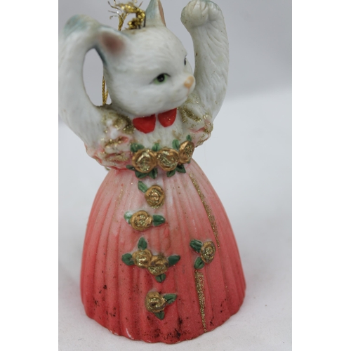 368 - Vintage Ballerina Porcelain Bell, Pink Dress Dancing Kitten, 11 cm tall