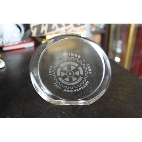 446 - Vintage Rotary International Heavy Glass Paperweight, Hastings 1922 - 1997, 75th Anniversary , 9 cm