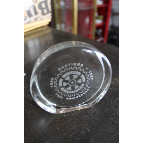 446 - Vintage Rotary International Heavy Glass Paperweight, Hastings 1922 - 1997, 75th Anniversary , 9 cm