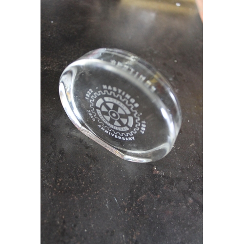 446 - Vintage Rotary International Heavy Glass Paperweight, Hastings 1922 - 1997, 75th Anniversary , 9 cm