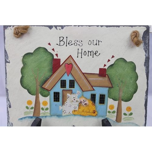 466 - Bless Our Home Sign, Hand Painted Wall Hanging Slate Tile, 19 X 14.5 cm