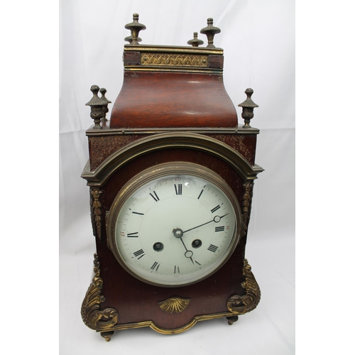 492 - Antique French Mahogany Mantel Clock With Ormolu Mounts And Finials, with Key, / left site small gla... 