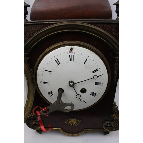 492 - Antique French Mahogany Mantel Clock With Ormolu Mounts And Finials, with Key, / left site small gla... 