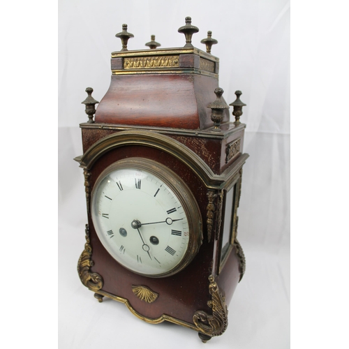 492 - Antique French Mahogany Mantel Clock With Ormolu Mounts And Finials, with Key, / left site small gla... 