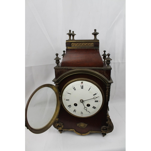 492 - Antique French Mahogany Mantel Clock With Ormolu Mounts And Finials, with Key, / left site small gla... 