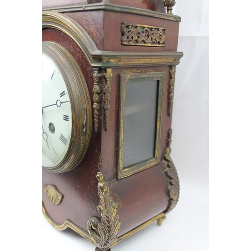 492 - Antique French Mahogany Mantel Clock With Ormolu Mounts And Finials, with Key, / left site small gla... 