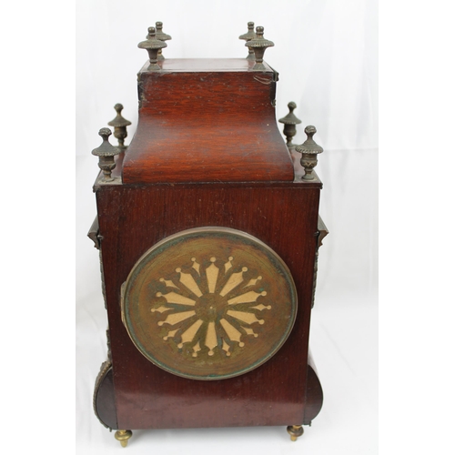 492 - Antique French Mahogany Mantel Clock With Ormolu Mounts And Finials, with Key, / left site small gla... 