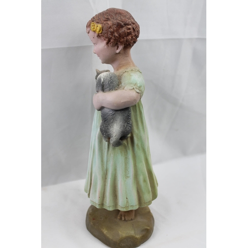60 - Large Vintage Hand Carved / Painted Wooden Statue of a Girl Holding Puppy and a Cat, 29cm tall