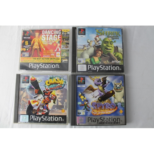 13 - Play Station 1, Four Games, Shrek, Spyro The Dragon, Crash Bandicoot 3 Warped, Dancing Stage