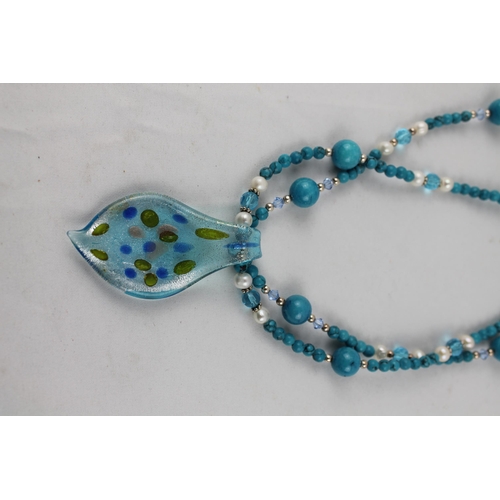 36 - Two Sterling Silver Rings , (Dyed Jade Crystal) and Murano Glass Necklace