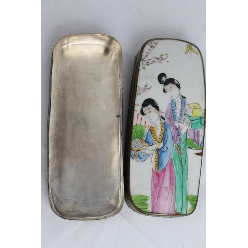 33 - Vintage White Metal Porcelain Asian Trinket Box , 15 x 6 x 4 cm