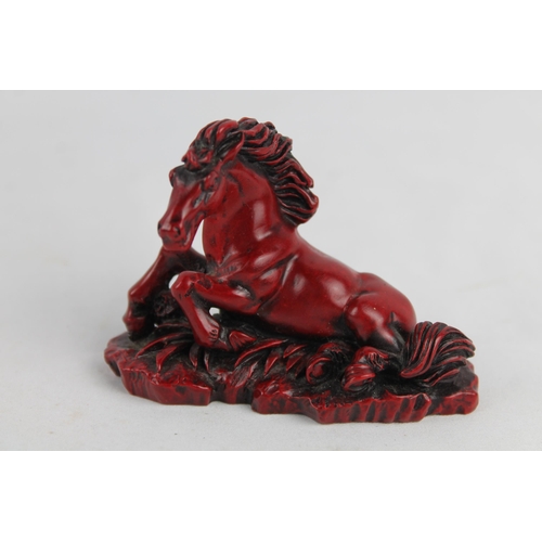 10 - Vintage Chinese Red Cast Resin Craved Statue Figurine Horse 6 x 8 cm