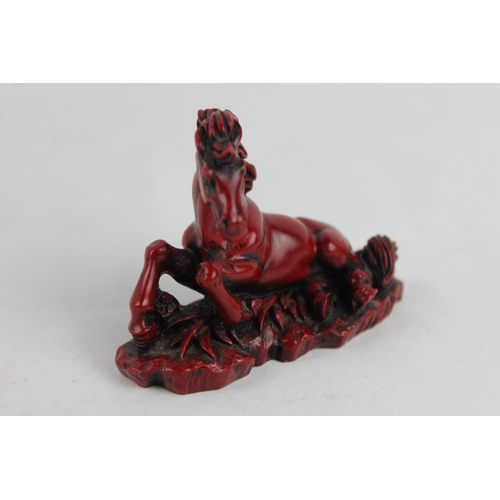 10 - Vintage Chinese Red Cast Resin Craved Statue Figurine Horse 6 x 8 cm