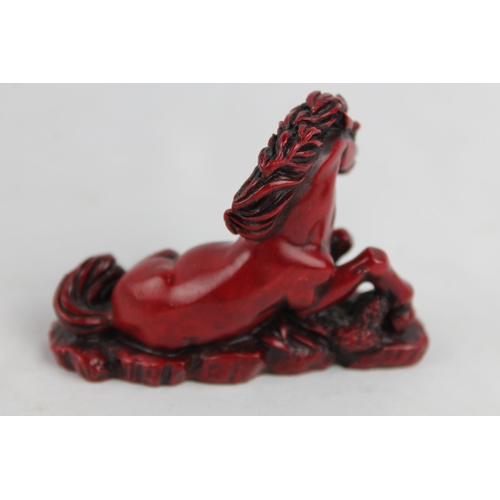 10 - Vintage Chinese Red Cast Resin Craved Statue Figurine Horse 6 x 8 cm