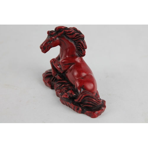 10 - Vintage Chinese Red Cast Resin Craved Statue Figurine Horse 6 x 8 cm