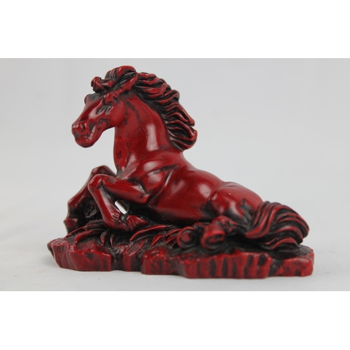 10 - Vintage Chinese Red Cast Resin Craved Statue Figurine Horse 6 x 8 cm