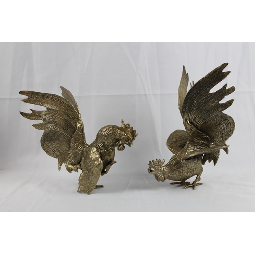 20 - Pair of Silver Metal Fighting Roosters, Vintage Statues 21cm height